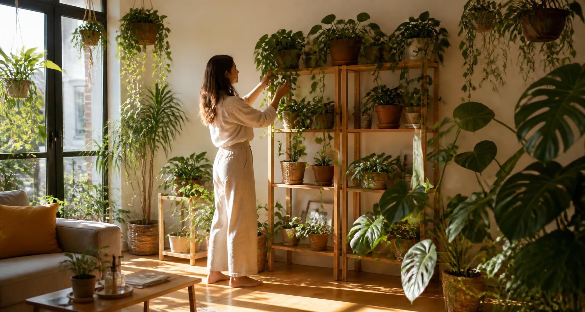 A woman gently tending her houseplants by a bright window